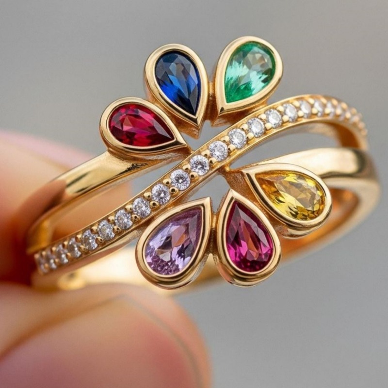 Boho Floral Cross Double Layer Ring with Synthetic Zirconia